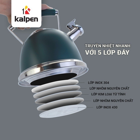(CÒI BÁO SÔI ) Ấm đun nước inox 304, 5 đáy Kalpen KK02- 2,5Lít,