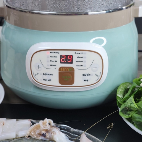 Nồi nấu chậm cách thủy, Có Xửng hấp Bennix BN-22CWG  2.2 lít, 4 Thố sứ