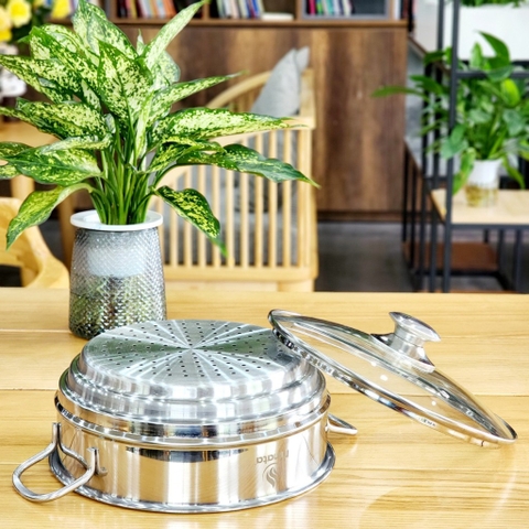 Xửng hấp 3 tầng inox có nắp vung kính MINATA