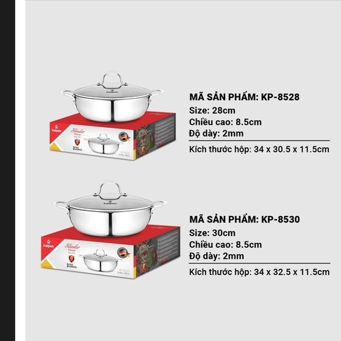 Chảo inox 304 liền khối- Xào,chiên rán, Lẩu - Kalpen KP-8528 size 28cm