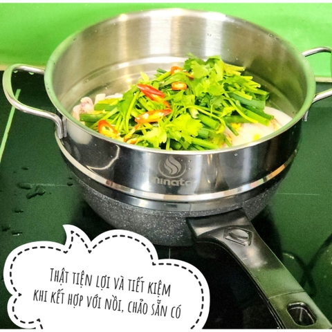 Xửng hấp 3 tầng inox có nắp vung kính MINATA