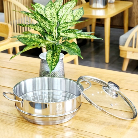 Xửng hấp 3 tầng inox có nắp vung kính MINATA