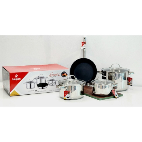 Bộ nồi 4 món inox 304, 5 đáy Kalpen Lermat L2. Nồi size 18-22-26cm và chảo chống dính 26cm