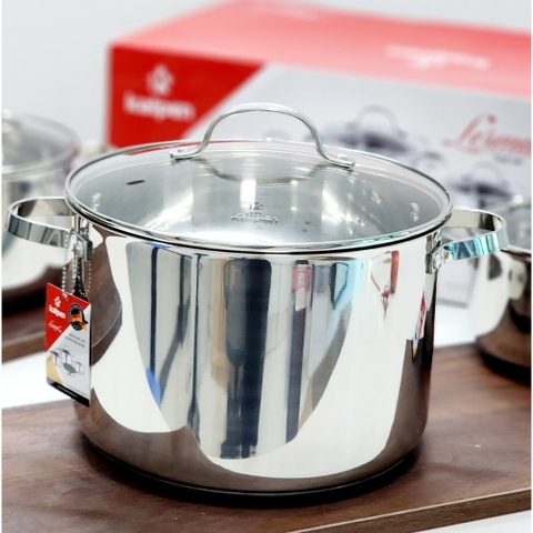 Bộ nồi 4 món inox 304, 5 đáy Kalpen Lermat L2. Nồi size 18-22-26cm và chảo chống dính 26cm