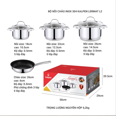 Bộ nồi 4 món inox 304, 5 đáy Kalpen Lermat L2. Nồi size 18-22-26cm và chảo chống dính 26cm