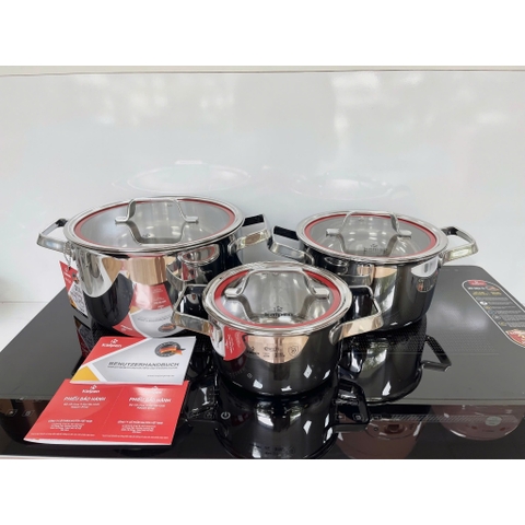 Bộ Nồi 3 Món Inox Liền khối Kalpen Emer EM1, Size 16-20-24Cm