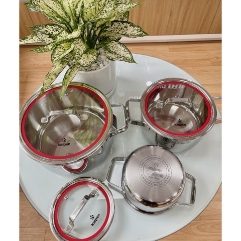 Bộ Nồi 3 Món Inox Liền khối Kalpen Emer EM1, Size 16-20-24Cm