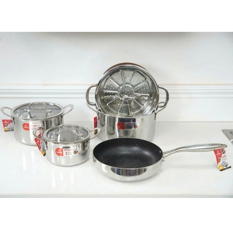 Bộ nồi 5 món inox liền khối, 3 nồi 16-20-24cm, 1 chảo 24cm, 1 xửng hấp 24cm KALPEN KF3