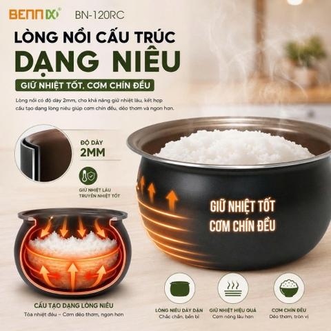 Nồi cơm điện lòng niêu, Quai xách 1,2L BENNIX BN-120RC, Bảo hành 1 năm