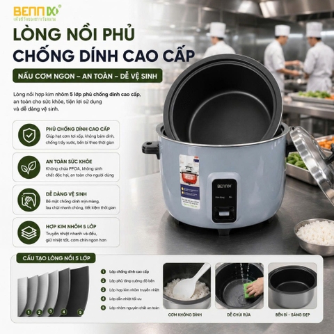 Nồi cơm điện dung tích lớn 5,6L-10L cho quán xá, nhà hàng BENNIX BN-560RC/ 100RC, Bảo hành 12 tháng