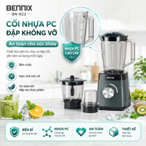 Máy xay sinh tố 3 cối đa năng 1,5L BENNIX BN-822, Bảo hành 12 tháng