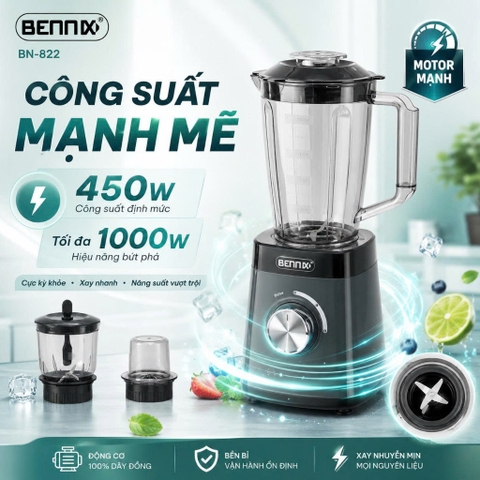Máy xay sinh tố 3 cối đa năng 1,5L BENNIX BN-822, Bảo hành 12 tháng