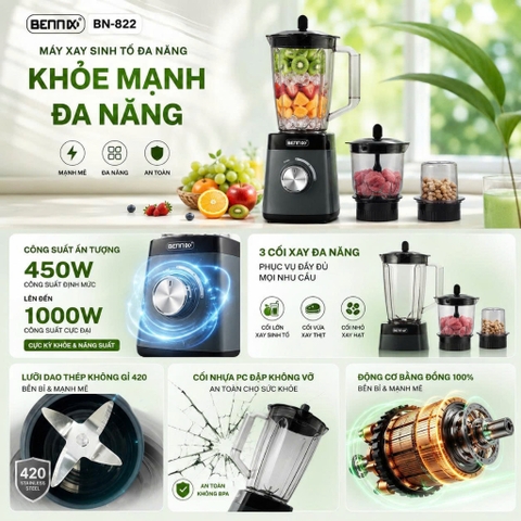 Máy xay sinh tố 3 cối đa năng 1,5L BENNIX BN-822, Bảo hành 12 tháng