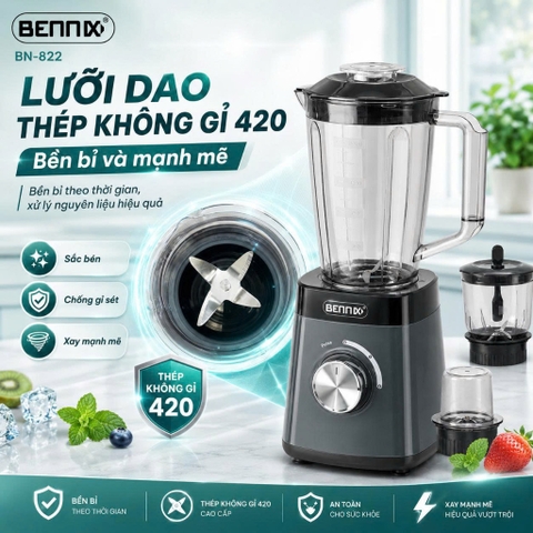 Máy xay sinh tố 3 cối đa năng 1,5L BENNIX BN-822, Bảo hành 12 tháng