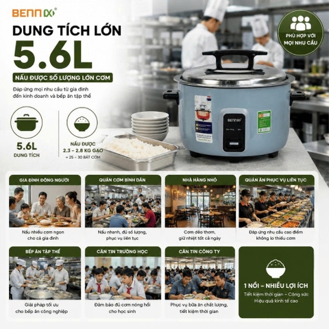 Nồi cơm điện dung tích lớn 5,6L-10L cho quán xá, nhà hàng BENNIX BN-560RC/ 100RC, Bảo hành 12 tháng