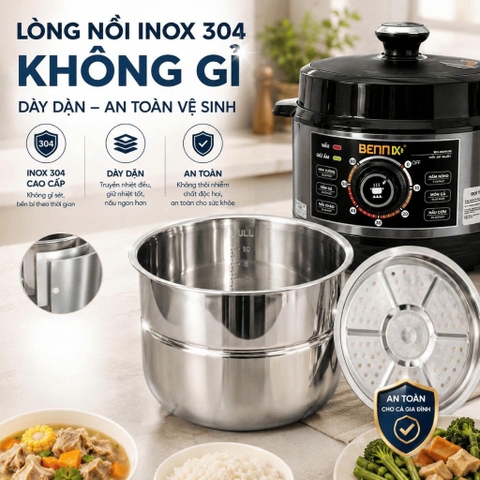 Nồi Áp Suất Điện Bennix BN-60SUS Dung Tích 6L - Lòng Nồi Inox 304 Cao Cấp Cao An Toàn, Ninh Hầm Đa Năng