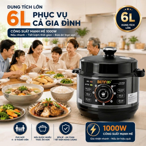 Nồi Áp Suất Điện Bennix BN-60SUS Dung Tích 6L - Lòng Nồi Inox 304 Cao Cấp Cao An Toàn, Ninh Hầm Đa Năng