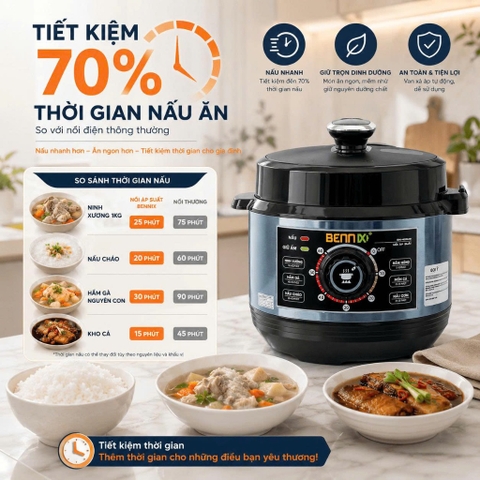 Nồi Áp Suất Điện Bennix BN-60SUS Dung Tích 6L - Lòng Nồi Inox 304 Cao Cấp Cao An Toàn, Ninh Hầm Đa Năng