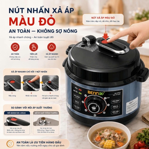 Nồi Áp Suất Điện Bennix BN-60SUS Dung Tích 6L - Lòng Nồi Inox 304 Cao Cấp Cao An Toàn, Ninh Hầm Đa Năng