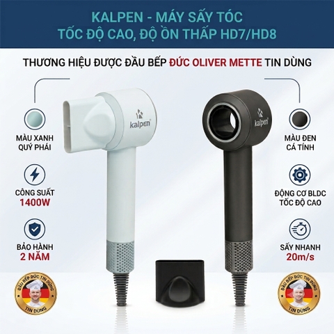 Máy Sấy Tóc Độ Ồn Thấp Kalpen HD7 HD8 1400W Động Cơ BLDC Tốc Độ Cao Sấy Nhanh Bảo Vệ Tóc Chính Hãng