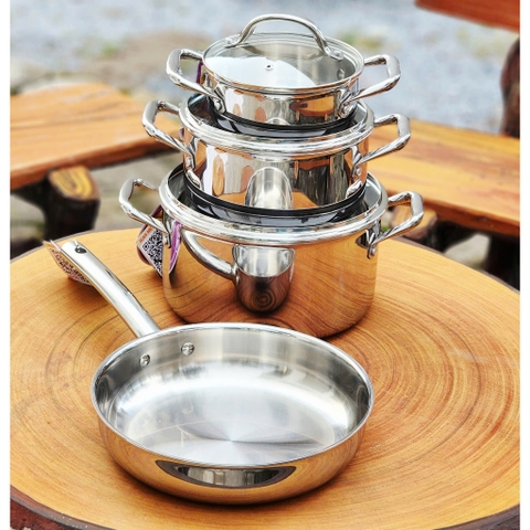 Bộ nồi 4 món inox 304 liền khối, 3 nồi 16-20-24cm và 1 chảo 26cm AULUX PS3-04