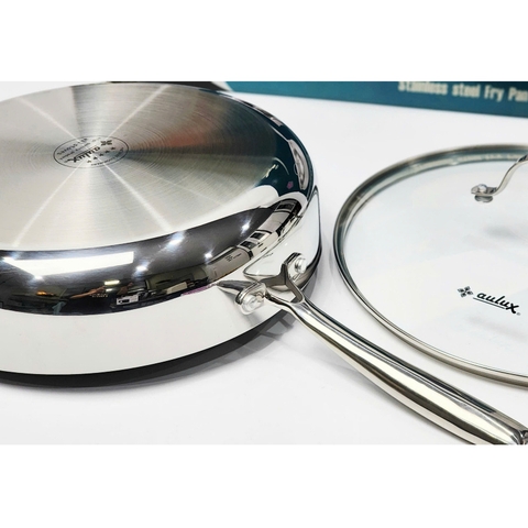 Chảo Inox 3 Lớp Đúc Liền Khối chống dính tự thân, kèm nắp vung kính AULUX TTB-26/28/30.