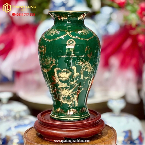 Bình Hoa Gốm Màu Phỉ Thúy họa tiết Hoa Sen Ánh Kim  - In logo theo yêu cầu