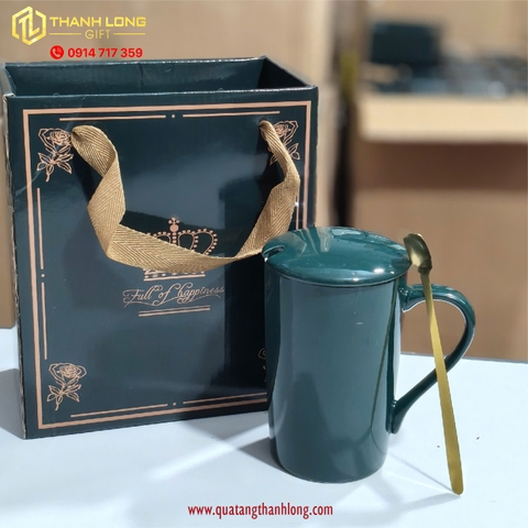 Ly sứ xanh ngọc + thìa kim loại, hộp thiết kế theo yêu cầu
