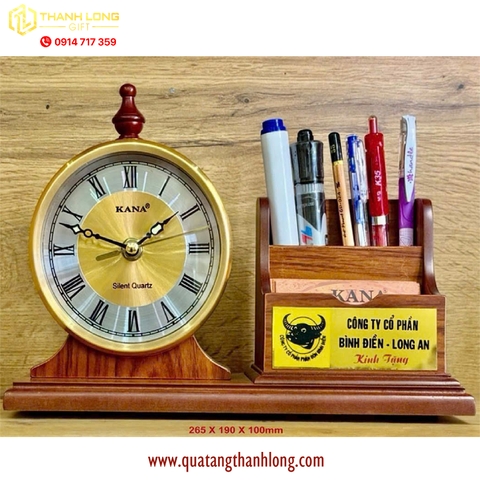 Quà tặng để bàn hộp bút Gỗ  kết hợp với đồng hỗ