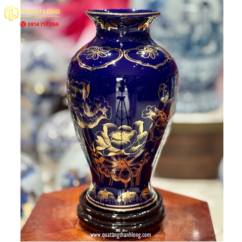Bình Hoa Gốm Màu Xanh Tím họa tiết Hoa Sen Ánh Kim  - In logo theo yêu cầu