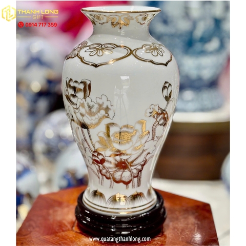 Bình Hoa Gốm Màu Trắng họa tiết Hoa Sen Ánh Kim  - In logo theo yêu cầu