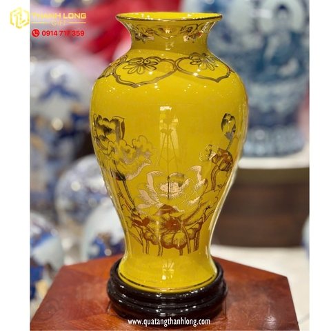 Bình Hoa Gốm Màu Vàng họa tiết Hoa Sen Ánh Kim  - In logo theo yêu cầu