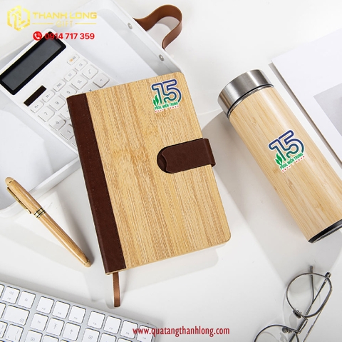 Bộ gift set Sổ da - bút bi - bình giữ nhiệt tre