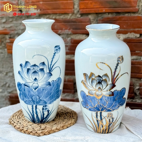 Bình Hoa Sứ họa tiết Hoa Sen và Hoa Sen Ánh Kim  - In logo theo yêu cầu
