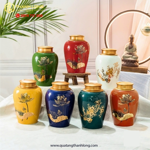 Lọ Chè Sứ In Họa Tiết Hoa Sen Vàng Kim