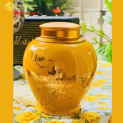 Lọ Chè Sứ Hoa tiết Tháp Rùa Hồ Gươm Ánh Kim