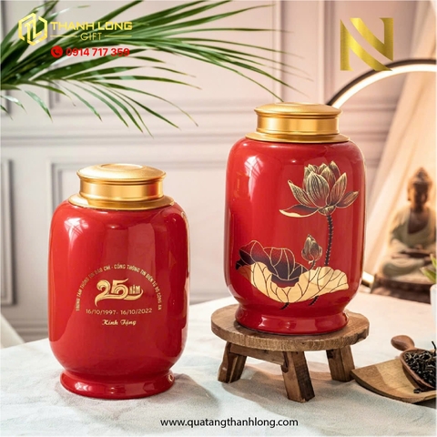 Lọ Chè Sứ Họa Tiết Bông Sen Đỏ Ánh Kim