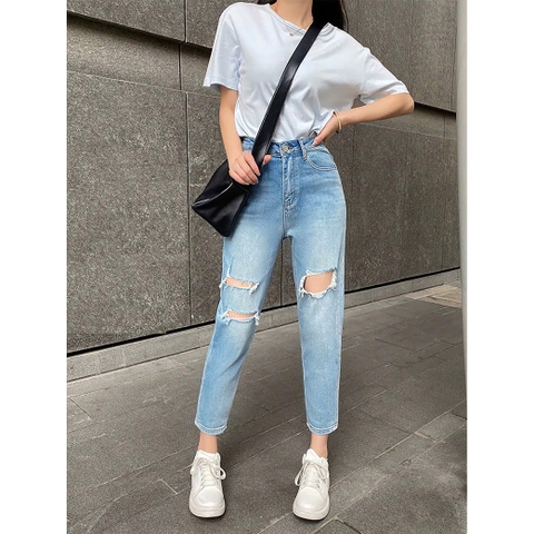 QUẦN 9 TẤC XANH ĐÁ RÁCH PHOM BAGGY 0135