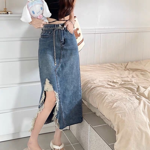 CHÂN VÁY COTTON RÁCH LAI LỆCH 005