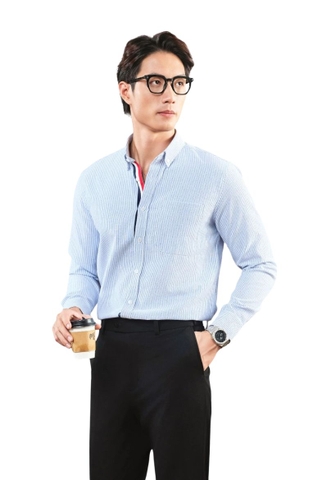 Áo sơ mi tay dài phối viền trụ nút PROFFLES vải Oxford xuất xịn, thoáng mát, đứng form - HUSSIO
