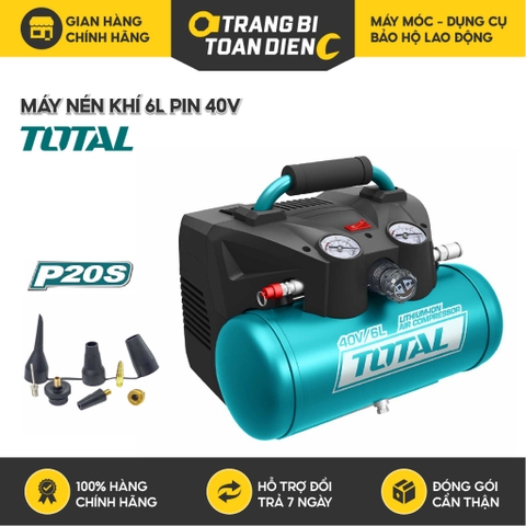 Máy nén khí 6L dùng pin 40V Total TACLI2003, tốc độ chảy 98 l/p, áp suất tối đa 135PSI, không kèm pin và sạc, Chính hãng