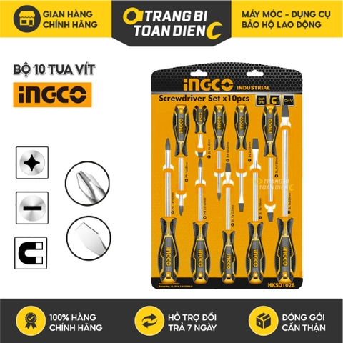 Bộ 10 tua vít INGCO HKSD1028 gồm tua vít bake và tua vít dẹp chất liệu thép, đuôi tròn đa kích thước,