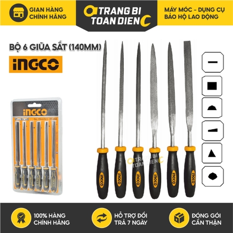 Bộ 6 giũa sắt (140mm) INGCO HKTF63 đường kính 3mm, gồm giũa dẹp, tròn, bán nguyệt, vuông, tam giác và dao - Chính hãng