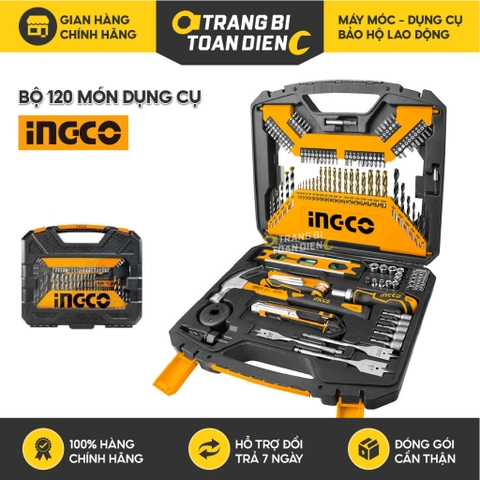 Bộ đồ nghề 120 dụng cụ INGCO HKTAC011201 gồm Mũi Khoan, Thước Thủy, Dao Rọc Giấy, Đầu tuýp, Cờ Lê, Búa - Chính hãng