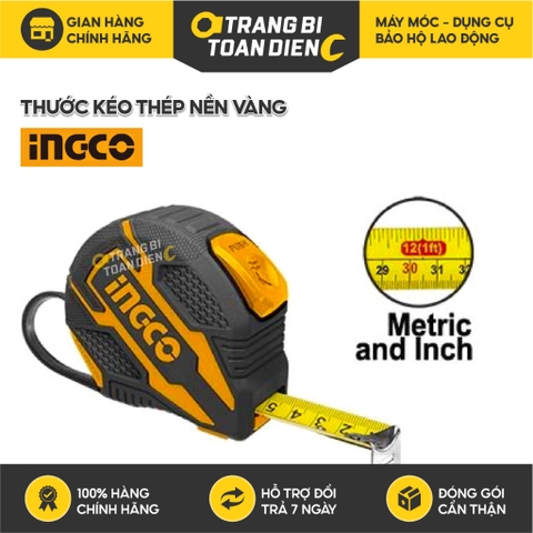 Thước cuộn thép nền vàng 3m, 5m, 8m INGCO HSMT08316, Chiều dài và chiều rộng tự khóa, hệ đo mét&inch, Trang bị toàn diện