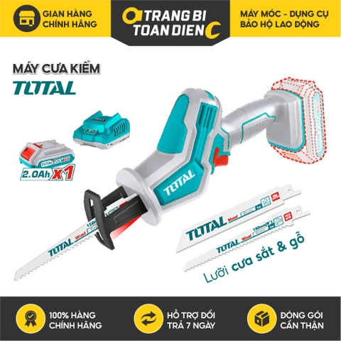 Máy cưa kiếm dùng pin 20V Total, Tốc độ không tải 0-3200rpm, Máy cưa gỗ 65mm và cưa sắt 8mm