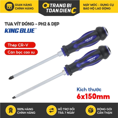 Tua vít đóng bake Ph2 và dẹp SL6 KingBlue KV6-6*150/ KV6+6*150 rộng 6mm, dài 150mm, chất liệu thép crv, tuốc nơ vít đóng