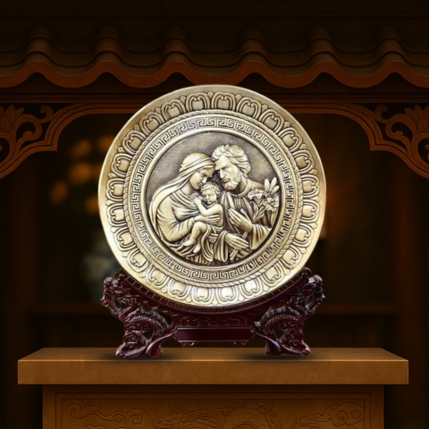 Tranh Đồng Công Giáo - Thánh Gia ( Đường Kính 19cm ) - Đồ Đồng Cửu Diệu Thiên - TCG023