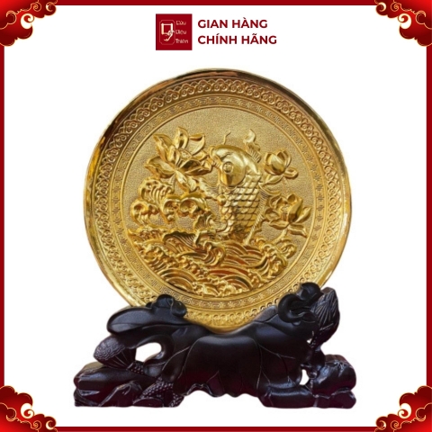 Tranh Đồng Đĩa Cá Chép Hoa Sen , Mạ Vàng 24K ( Đường Kính 19cm ) - Cửu Diệu Thiên - CH004