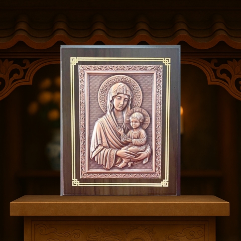 Tranh Đồng Công Giáo - Đức Mẹ Và Chúa Hài Đồng ( 17x22cm ) - Đồ Đồng Cửu Diệu Thiên - TCG025